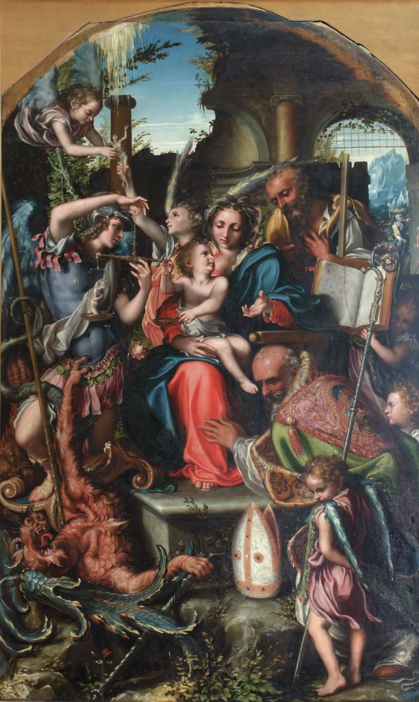 immagine per Giorgio Gandini del Grano, Sacra Famiglia coi santi Michele arcangelo, Bernardo da Chiaravalle e angeli, 1534-1535, olio su tavola, cm 251 x 151, Parma, Galleria Nazionale, Complesso monumentale della Pilotta