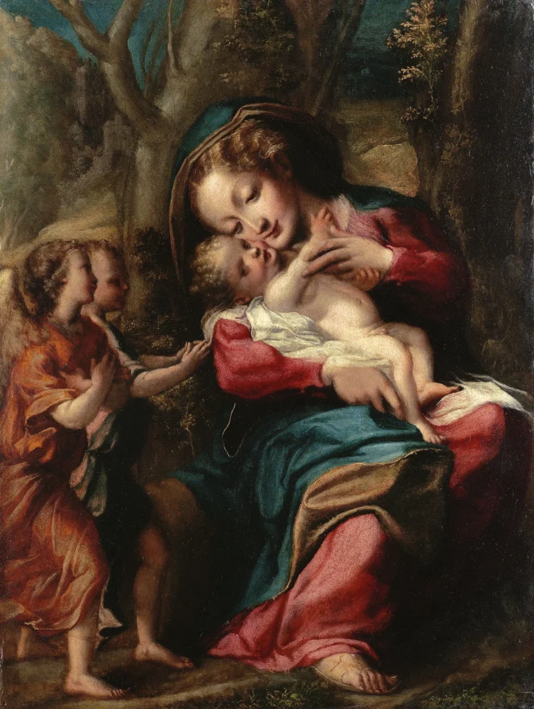 immagine per Giorgio Gandini del Grano, Madonna con Bambino e due angeli, olio su tavola, 44 x 33,5 cm, Daniel Katz Gallery, Londra, inv. 2239.