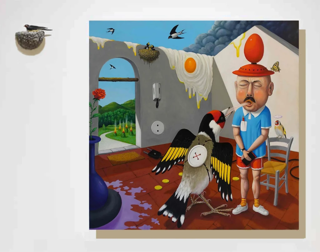 immagine per Luigi Serafini La Langue Secrète des Oiseaux 1982 dipinto ad olio su tela con a fianco nido con rondine Courtesy of the Artist