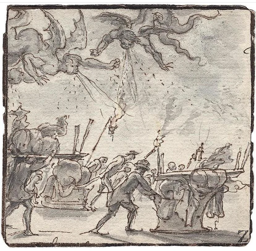 immagine per Mythological Beauty Antiques Par Force Artista sconosciuto del XVII secolo Scena demoniaca incisione su carta 7,5 x 7,5 cm