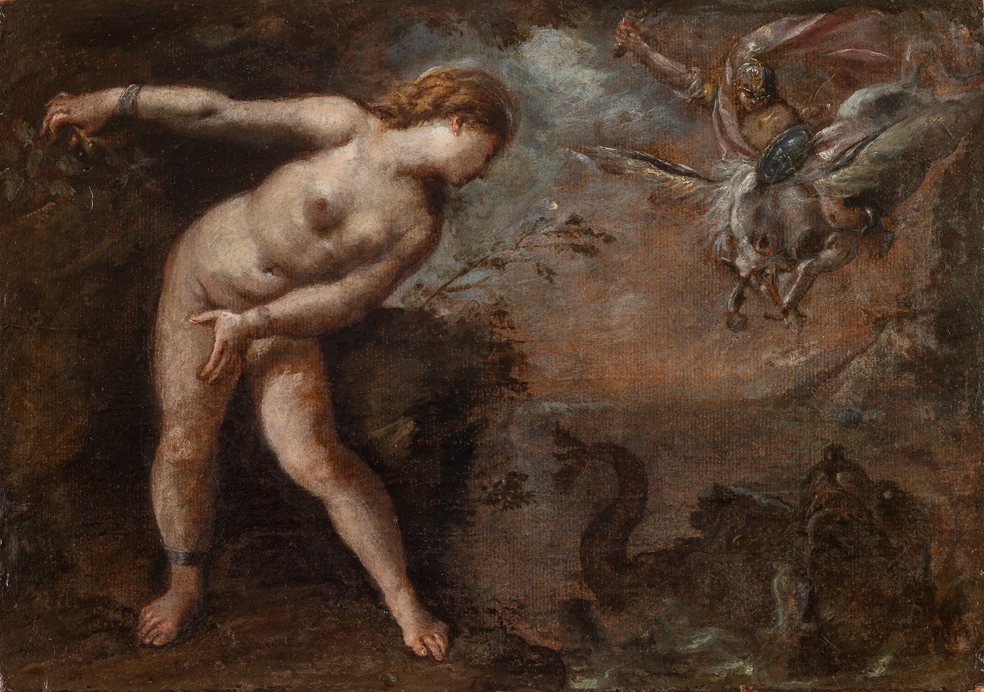 immagine per Mythological Beauty Antiques Par Force Cecco Bravo (1601 - 1661) Angelica liberata da Ruggero Olio su carta applicata su tavola 28 x 39 cm Attribuzione su parere di Francesca Baldassari